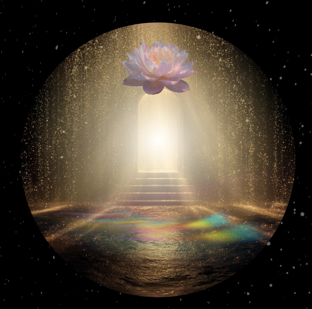 Sanchi seated on a cosmic lotus portal
