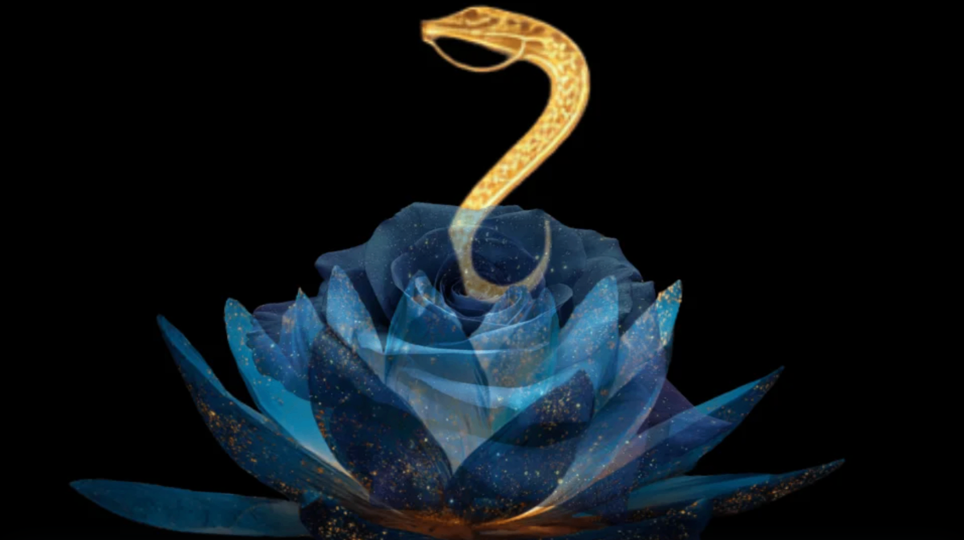 Golden serpent rising from a cosmic blue rose